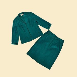 1970s faux-suede skirt suit by Posh Ultrasuede, size 16 vintage green set